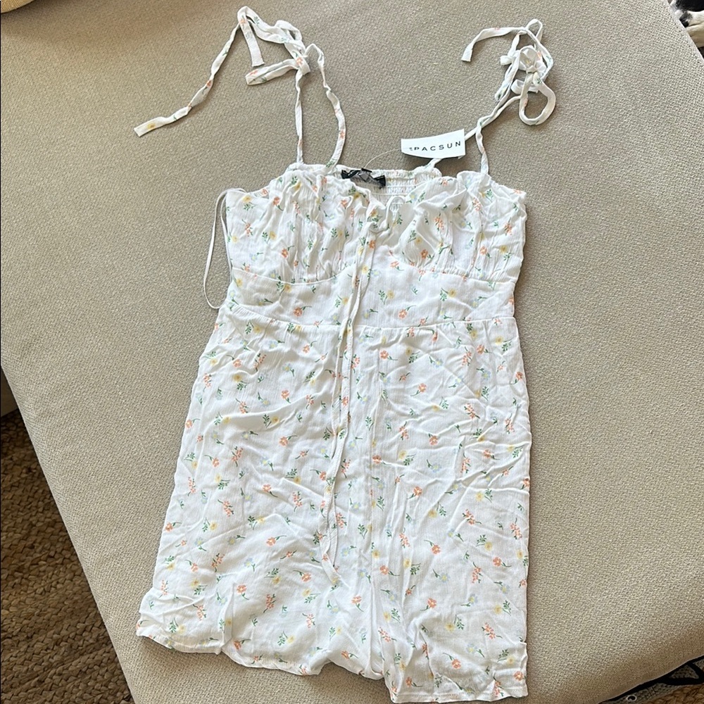 Packing White Floral Romper with Tie Straps